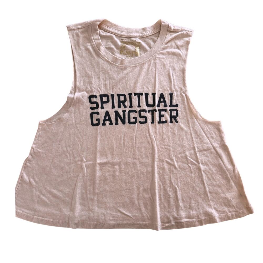 Spiritual Gangster SG Varsity Crop Tank Womens M Blush Pink Gray Logo NWOT